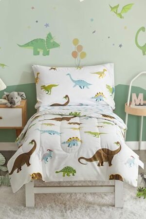 4 Pieces Toddler Bedding Set White Colorful Dinos and Monsters Toddler