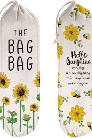 2Pcs Sunflower Plastic Bag Holder for Kitchen Essentials, Reusable Hanging Grocery Bag Organizer, Washable Large Grocery Trash Bags Storage Dispenser