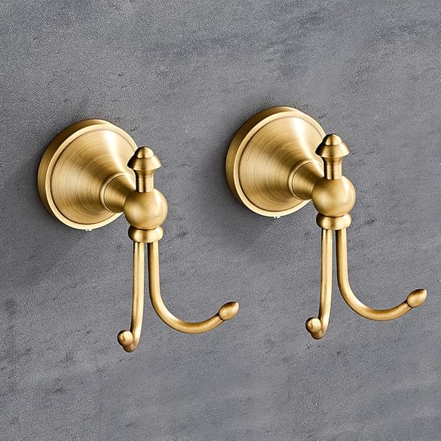 2 Pcs Pack Antique Brass Towel Hook Vintage Coat Hook with 2 Hooks Wall Mounted Robe Hooks for Bathrooms and Kitchen Bronze Hand Towel Hook Hanger with Brushed Gold Finish
