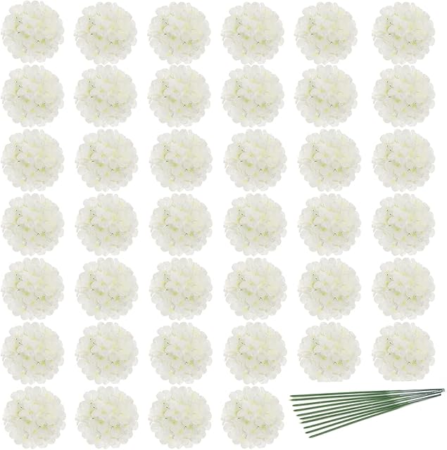 JPSOR 40pcs Artificial Hydrangea Silk Flower Heads with Stems, Fake Flowers for Mothers Day Wedding Centerpiece Home Garden Party Decoration (White)