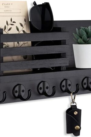 Wooden Key Holder for Wall, Paulownia Wood with 5 Metal Key Hooks