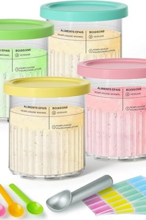 4 Pack Creami Deluxe Pints & Lids for Ninja, 24 Oz Compatible with NC500 NC501 Series Ice Cream Makers, with 5 Spoons & 64 Writable Labels, BPA-Free & Dishwasher Safe, 4 Color Lids