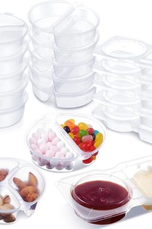 30 Pcs 3 Shapes 5 oz Mini 2 Compartment Reusable Snack Containers with Lids Double Compartment Condiment Container Small Plastic Box for Lunchable Sauce,Candy,Salad Dressing
