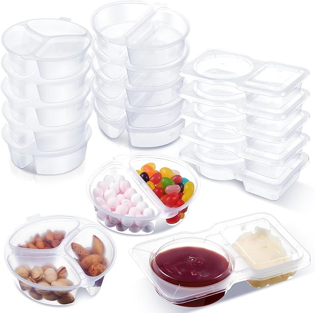 30 Pcs 3 Shapes 5 oz Mini 2 Compartment Reusable Snack Containers with Lids Double Compartment Condiment Container Small Plastic Box for Lunchable Sauce,Candy,Salad Dressing