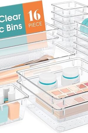 16 PCS Drawer Organizer Set, 5 Varied Size Bathroom and kitchen Drawer cabinet organizer Trays, Clear Storage Bins for Makeup, Jewelry, Utensils and Gadgets