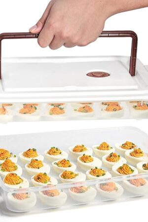 77L Deviled Egg Containers with Lid (Set of 2), Plastic Deviled Egg Tray Carrier with Handle for 48 Eggs, Clear Storage Egg Platter for Deviled Eggs, Easter Party Fridge Stackable Portable Egg Holder