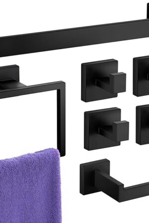 7-Pieces Towel Racks for Bathroom, SUS304 Matte Black Bathroom Accessory Set, Stainless Steel Black Bathroom Accessories, Stainless Steel Wall Mounted, Bath Towel Bar Set