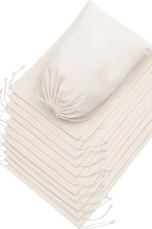 DR 100 Percent Cotton 10x12 Muslin Drawstring Bags Storage Pantry Gifts - Unbleached (10 x 12 inch - 12 pack, Beige)