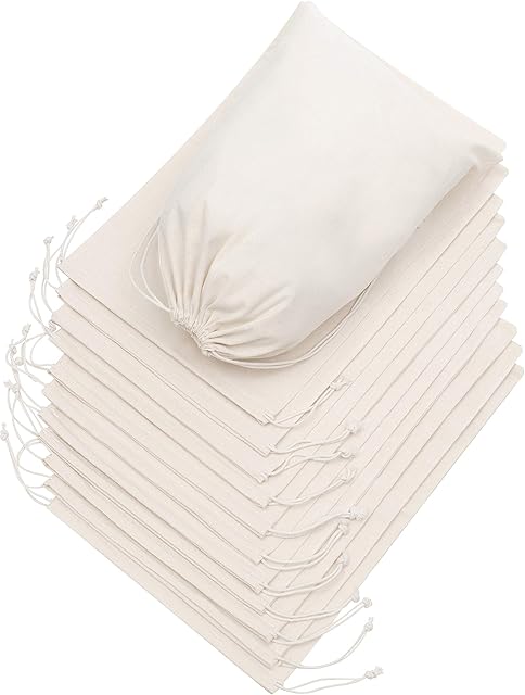 DR 100 Percent Cotton 10x12 Muslin Drawstring Bags Storage Pantry Gifts - Unbleached (10 x 12 inch - 12 pack, Beige)