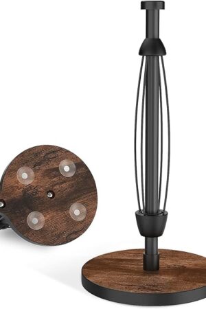 VEHHE Paper Towel Holder Countertop, One-Handed Tearing Wood Paper Towel Holder Farmhouse with Ratchet System and Suction Cups, Stainless Steel Paper Towel Holders for Bathroom and Kitchen