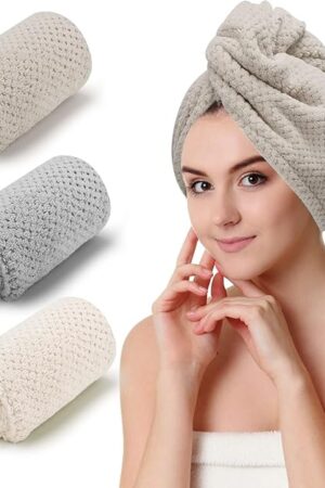 3 PCS Microfiber Hair Towel - Wraps for Wet Hair, Anti Frizz Turbans, for Curly Hair (Beige, Khaki, Grey)