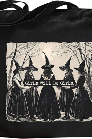 Aesthetic Witchy Canvas Tote Bag for Women Funny Witchy Gifts for Women Cute Girls Will Be Girls Canvas Bag Spooky Reusable Beach Shoulder Grocery Casual Bag for Work Travel, Black