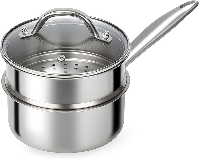Ohtomber Stainless Steel Sauce Pan - Tri-Ply 1.5 Quarts Steamer for Cooking, Small Cooking Pot with Steamer Basket, Sauce Pan with Lid, Non Stick Saucepan, Induction Steam Pot for Vegetable, Oatmeal