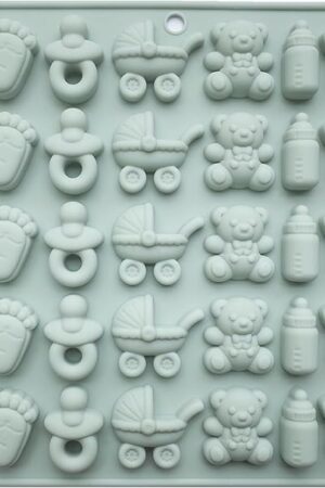 Baby Shower Silicone Mold with Onesie Pacifier Bottle Baby Footprint Bear Carriage Mold for Chocolate Cake Candy Gummy Cupcake Decoration Party Cupcake Topper