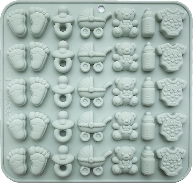 Baby Shower Silicone Mold with Onesie Pacifier Bottle Baby Footprint Bear Carriage Mold for Chocolate Cake Candy Gummy Cupcake Decoration Party Cupcake Topper