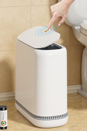 CTIME Bathroom Trash Can with Lid Includes 1 roll of Trash Bags, 12.5 Liter / 3.3 Gallon Narrow Garbage Bin with Press Top Lid, Slim Adsorption Trash Can for Kitchen, Living Room, Bedroom，Office