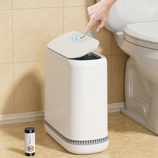 CTIME Bathroom Trash Can with Lid Includes 1 roll of Trash Bags, 12.5 Liter / 3.3 Gallon Narrow Garbage Bin with Press Top Lid, Slim Adsorption Trash Can for Kitchen, Living Room, Bedroom,Office