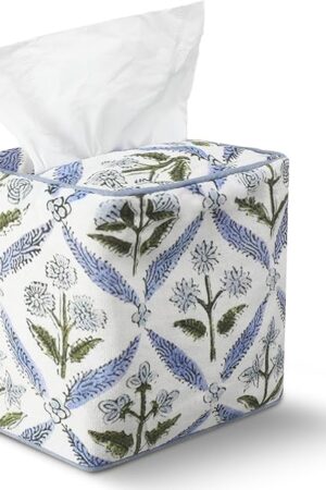 Blue Fabric Tissue Box Cover - Floral Print Tissue Box & Decorative Square Napkin Holder Handmade Cotton for Home Bedroom Vanity Countertop Night Stands Office