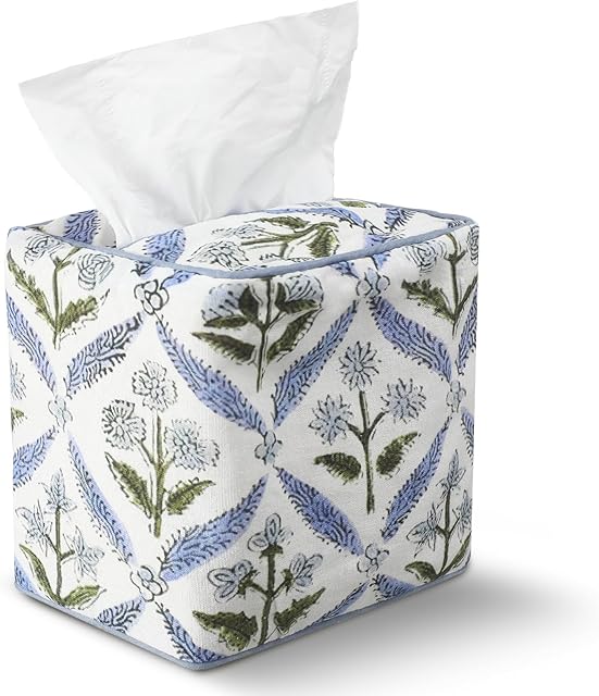 Blue Fabric Tissue Box Cover - Floral Print Tissue Box & Decorative Square Napkin Holder Handmade Cotton for Home Bedroom Vanity Countertop Night Stands Office