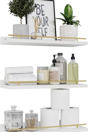 WOPITUES Floating Shelves Set of 3 with Gold Metal Guardrail Wall Shelves White and Gold