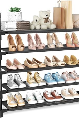 5 Tier Shoe Rack, Shoe Organizer Storage for 20-25 Pair Boot and Sneaker, Stackable Free Standing Shoe Shelf with Hooks and Side Pocket, Space Saving Shoes Rack for Closet, Entryway