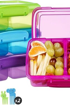 4 Pack Plastic Snack Containers with Lids, 2 Compartment Food Container for Kids Snack Box, Travel Bento Lunch Containers with forks for Fruits/Candies, Divided Food Storage Containers for School