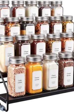 4 Tier Spice Rack Organizer for Cabinet, Step Adjustable Spice Shelf Seasoning Organizer with Non Slip Tiers, Expandable Metal Spice Rack for Kitchen Countertop, Pantry, Cupboard – Black