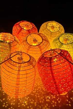12Pcs Chinese Paper Lanterns with LED Lights, Hollow Out Hanging Asia Japanese Paper Lamps with Tassels Walking Sticks 8 In Lantern for Chinese New Year Lanterns Decorations(oval-shaped)