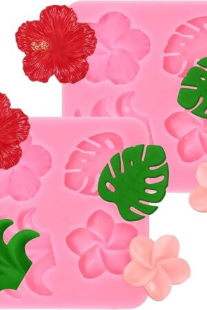 2 Pieces Tropical Flowers Leaves Silicone Mold Plumeria Hibiscus Flower Monstera Leafage Fondant Molds for DIY Chocolate Candy Pudding Cupcake Topper Birthday Party Dessert Hawaiian Decoration(Pink)