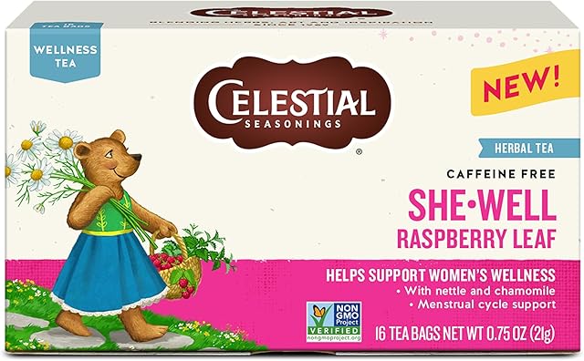 Celestial Seasonings SheWell Raspberry Leaf Wellness Tea, Caffeine Free, 16 Tea Bags Box