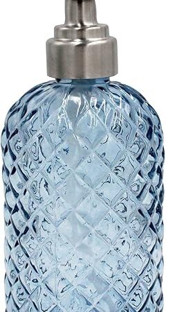 16 oz Diamond Pattern Glass Soap Dispenser, Kitchen and Bathroom Refillable Soap Dispenser with Rust Resistant Stainless Steel Pump for Hand Soap, Lotion Glass Liquid Dispenser (Blue)