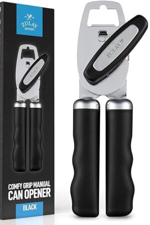 Zulay Kitchen Heavy Duty Stainless Steel Can Opener Manual with Bottle Opener - Rust Proof Manual Can Opener With Turn Knob & Comfy Soft Grip Handles - Black