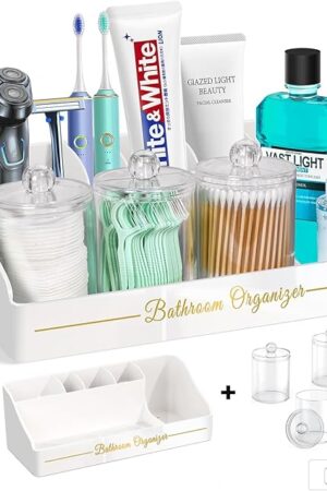 Bathroom Countertop Organizer, Toothbrush Holders for Bathroom with 3PCS Qtip Holder Dispenser and Toothpaste Holder Drainage for Bathroom Accessories Organization Counter Vanity Storage-White