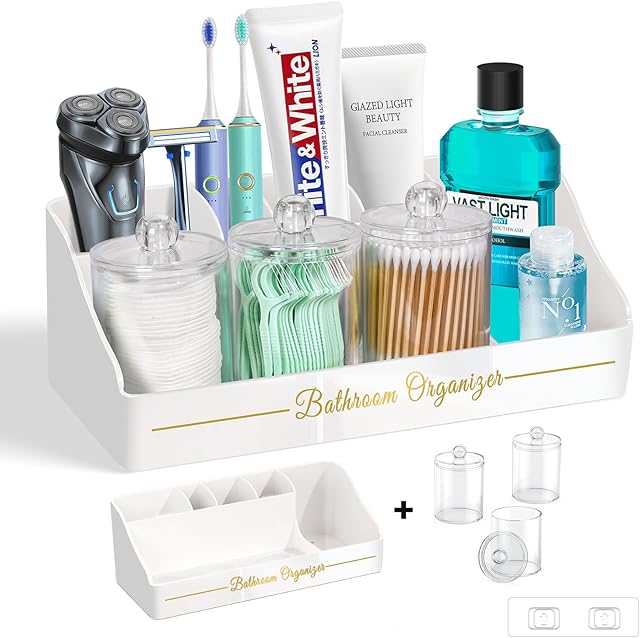 Bathroom Countertop Organizer, Toothbrush Holders for Bathroom with 3PCS Qtip Holder Dispenser and Toothpaste Holder Drainage for Bathroom Accessories Organization Counter Vanity Storage-White