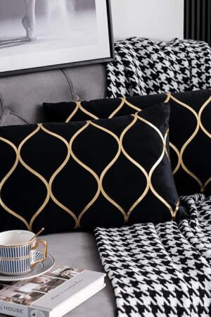 DEZENE 12x20 Inch Gold Velvet Throw Pillow Covers: 2 Pack Rectangular Decorative Pillow Cases for Bedroom Sofa Couch Living Room, Black