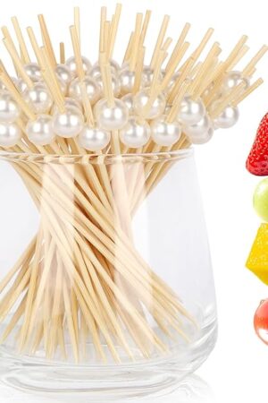 200 Cocktail Picks, White Pearl Fancy Toothpicks for Appetizers Drinks Fruit Food, 4.7 IN Long Bamboo Skewers Wood Cocktail Sticks for Wedding Bridal Shower Party Decor Charcuterie Boards Accessories