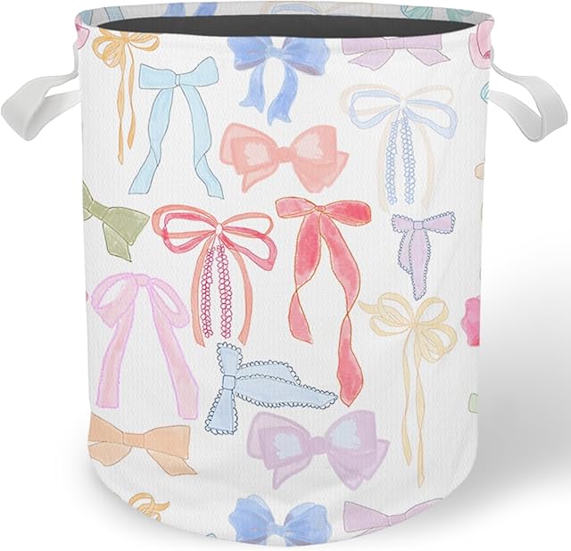 Coquette Preppy Bow Laundry Basket Hamper, Toybox for Girls, Trendy Colorful Bow Waterproof Collapsible Storage Bin Organizer for Bedroom Bathroom Girls Room Dorm Clothes Toys Books