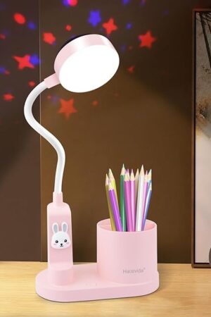 Cute Pink Rabbit Lamp for Kids Reading Study - Star Projector/Pen Holder/3 Brightness/Eye Caring, Rechargeable Led Table Desk Lamp for Home Office Dorm Decor, Ideal Birthday Christmas Gifts