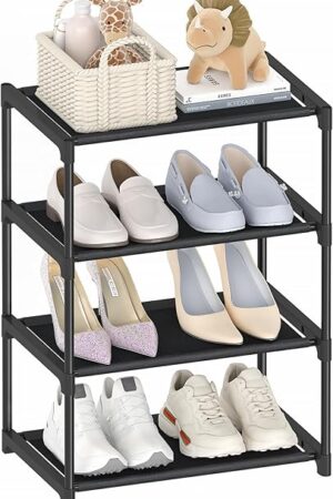 4 Tier Small Shoe Rack, Narrow Stackable Kids Toddler Adult Shoe Storage Organizer Shelf for Closet Floor Entryway Bedroom, Space Saver Shoe Rack Organization Shelves