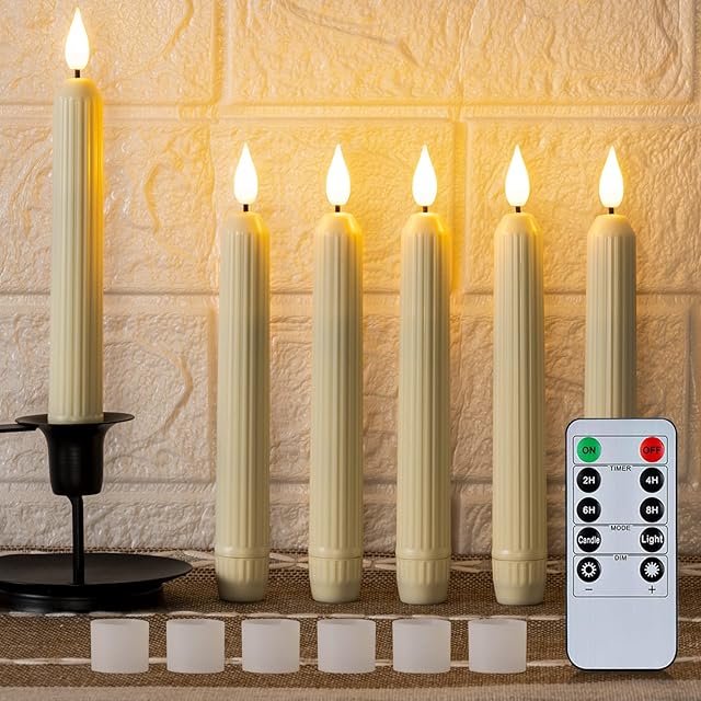 5plots Flameless Flickering Led Taper Candles, 7 Inch Ivory Plastic Roman Column Candles, Remote & Battery Operated, 6Pcs, For Halloween & Christmas