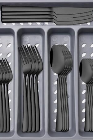 21-Piece Modern Black Silverware Set with Organizer Tray Stainless Steel Eating Utensil Sets Kitchen Knives Forks and Spoons Cutlery Set Heavy Duty Tableware Flatware Sets for 4, Dishwasher Safe