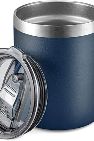 ALOUFEA 12oz Stainless Steel Insulated Coffee Mug with Handle, Navy | Double Wall Vacuum | Sliding Lid | Travel Mug