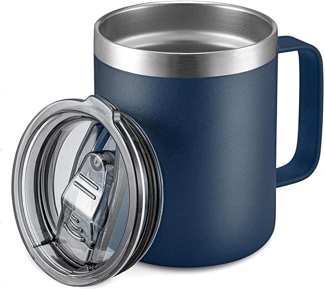 ALOUFEA 12oz Stainless Steel Insulated Coffee Mug with Handle, Navy | Double Wall Vacuum | Sliding Lid | Travel Mug