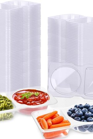 50pcs Double Compartment Condiment Container With Lids,Disposable 2 Compartment Sauce Containers Clear Plastic Snack Containers For Travel