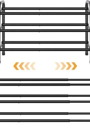 3 Tier Shoe Organizer, Shoe Rack for Closet, 28“ Metal Shelf Can Expandable to 42“, for Bedroom, Entryway, Closet, Garage, Adjustable to 18 Pairs Shoes, Black