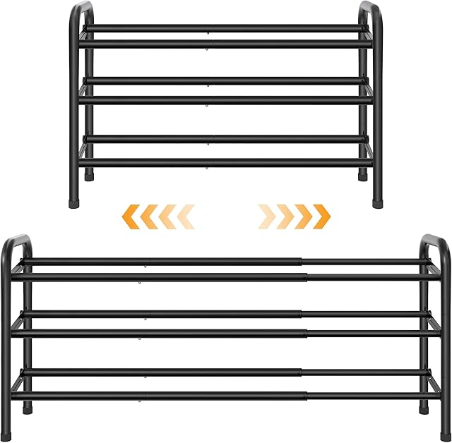 3 Tier Shoe Organizer, Shoe Rack for Closet, 28“ Metal Shelf Can Expandable to 42“, for Bedroom, Entryway, Closet, Garage, Adjustable to 18 Pairs Shoes, Black
