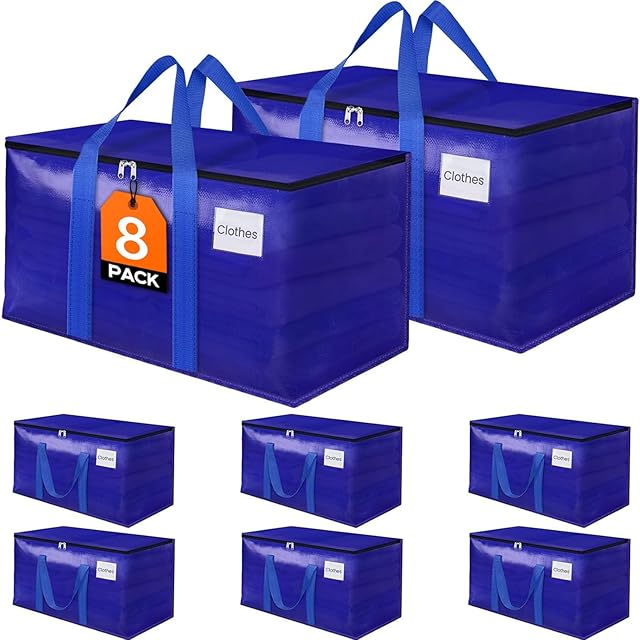 8 Pack Moving Storage Bags Heavy-Duty with Zippers and Reinforced Handles, Moving Supplies Packing Boxes for Moving, Storing, Saving Space, Blue Plastic Storage Totes 93 L(24 Gallon)