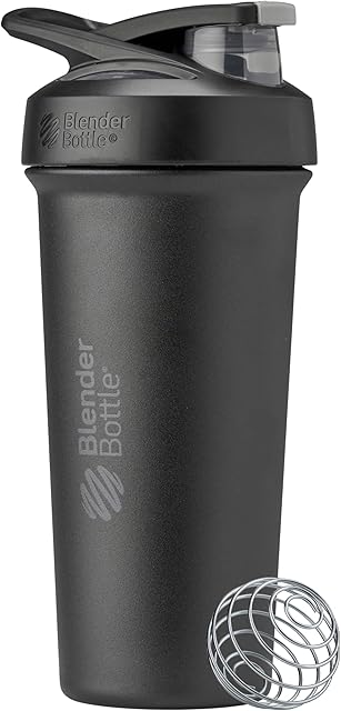 BlenderBottle Strada Sleek Shaker Cup Insulated Stainless Steel Water Bottle with Wire Whisk, 25-Ounce, Black
