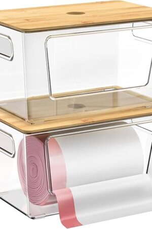 2 Pack Trash Bag Holder,Stackable Trash Bags Dispenser with Bamboo Lid,Extra Large Garbage Bag Holder for Kitchen, Laundry Room,Under Sink Storage Organization