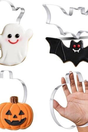 3 Pcs Large Halloween Cookie Cutters Set 7.5 Inch Extra Large Pumpkin Bat Ghost Shapes Stainless Steel Metal Giant Cookie Cutters Molds for Halloween Day Baking Party Kitchen Accessories